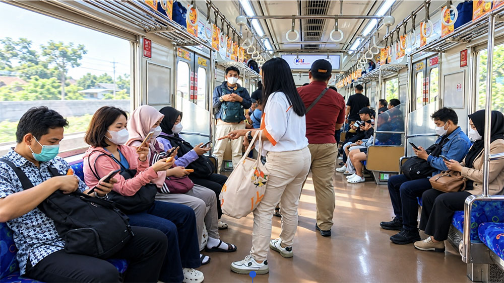 Penumpang KRL Commuter Line menerima sampel gratis camilan sehat YA'Bar Very Berry dari tim YAVA.